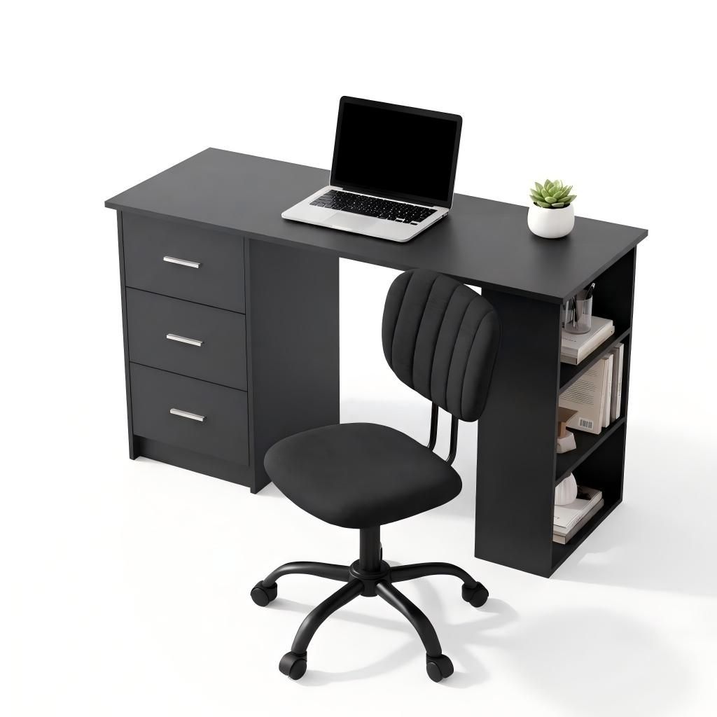 Artiss Office Desk & Chair Set 120cm Computer Desk with 3 Drawers & Open Shelves, Ergonomic Armless Office Chair with Wheels, Height Adjustable for Home Office Study