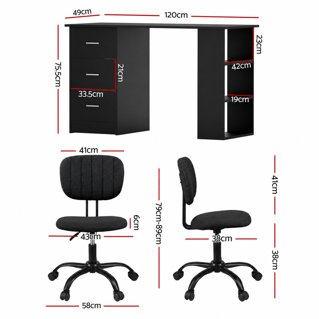 Artiss Office Desk & Chair Set 120cm Computer Desk with 3 Drawers & Open Shelves, Ergonomic Armless Office Chair with Wheels, Height Adjustable for Home Office Study