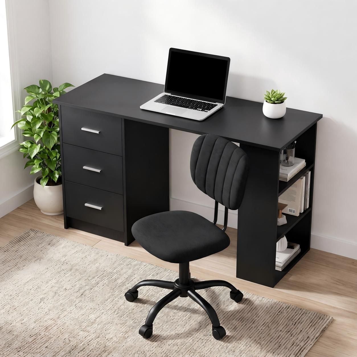 Artiss Office Desk & Chair Set 120cm Computer Desk with 3 Drawers & Open Shelves, Ergonomic Armless Office Chair with Wheels, Height Adjustable for Home Office Study