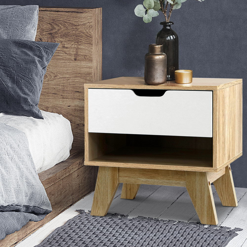 Bedside Tables: Artiss Bedside Table 1 Drawer with Shelf - IKER White & Oak