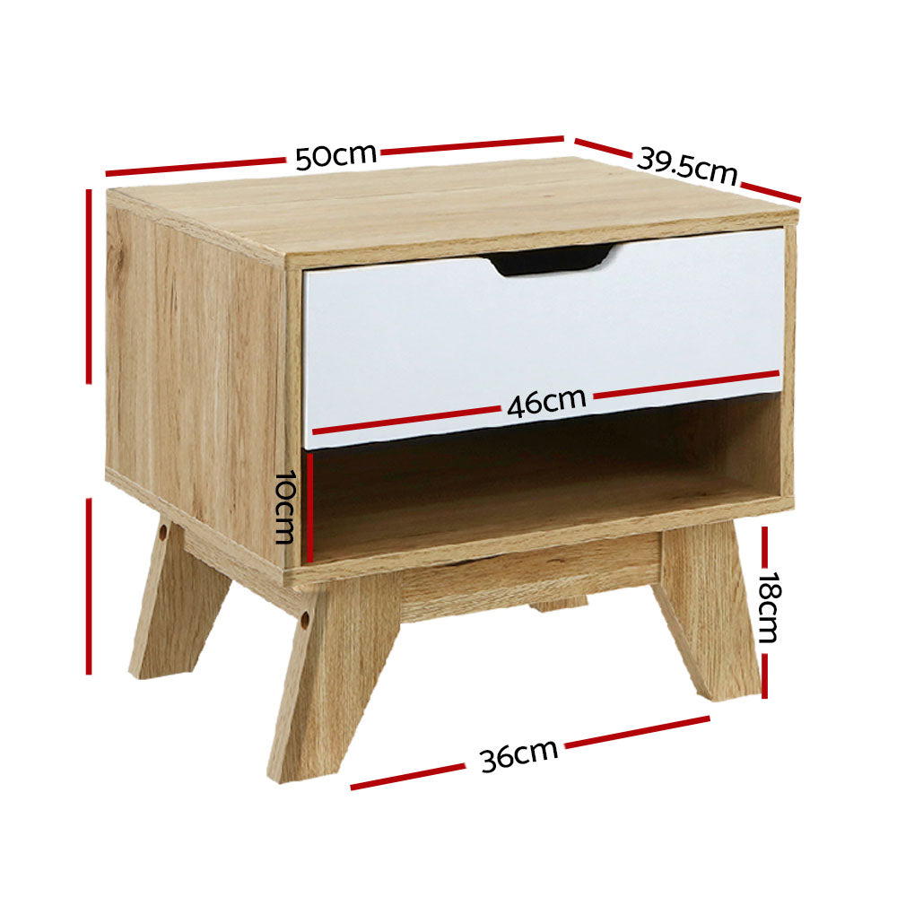 Bedside Tables: Artiss Bedside Table 1 Drawer with Shelf - IKER White & Oak