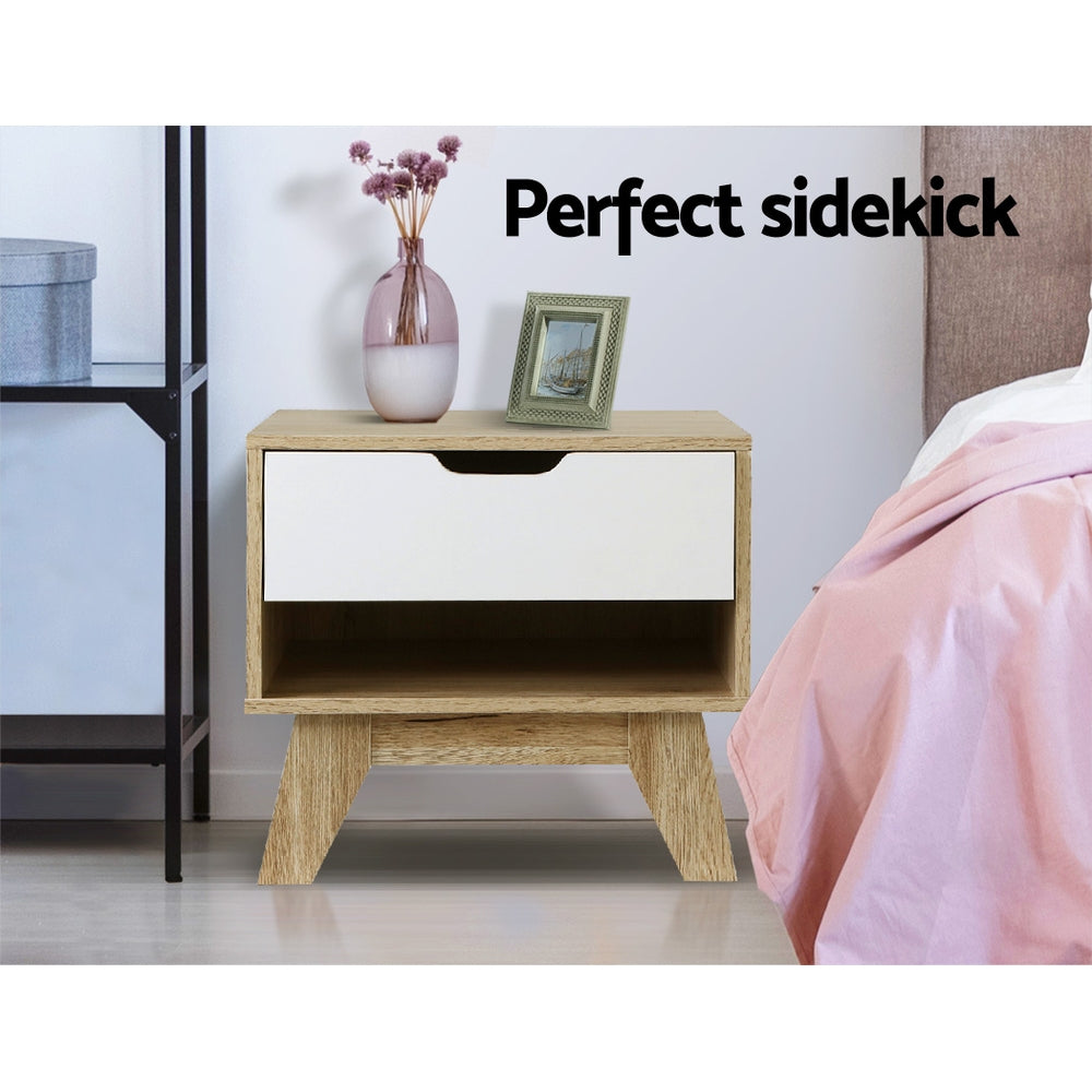 Bedside Tables: Artiss Bedside Table 1 Drawer with Shelf - IKER White & Oak