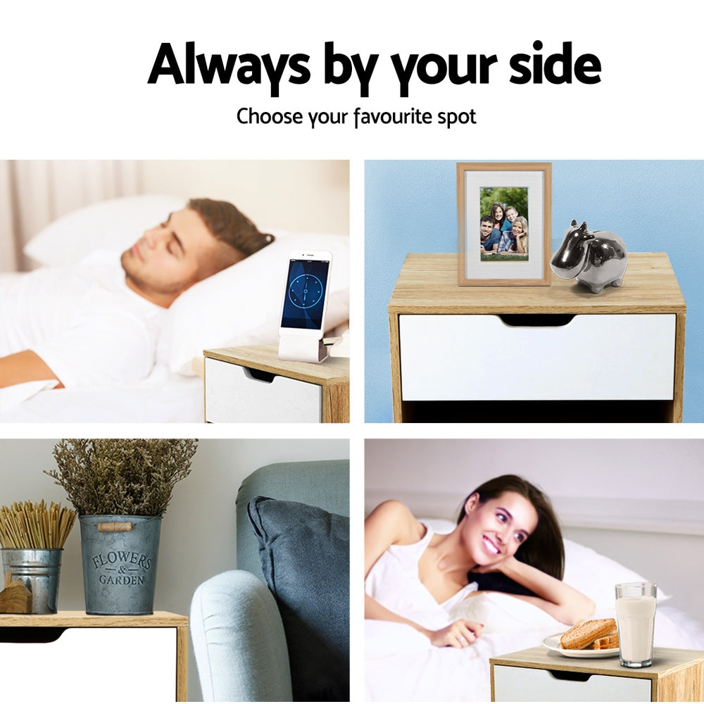 Bedside Tables: Artiss Bedside Table 1 Drawer with Shelf - IKER White & Oak