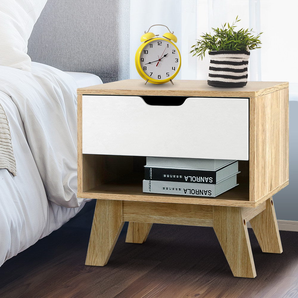 Bedside Tables: Artiss Bedside Table 1 Drawer with Shelf - IKER White & Oak