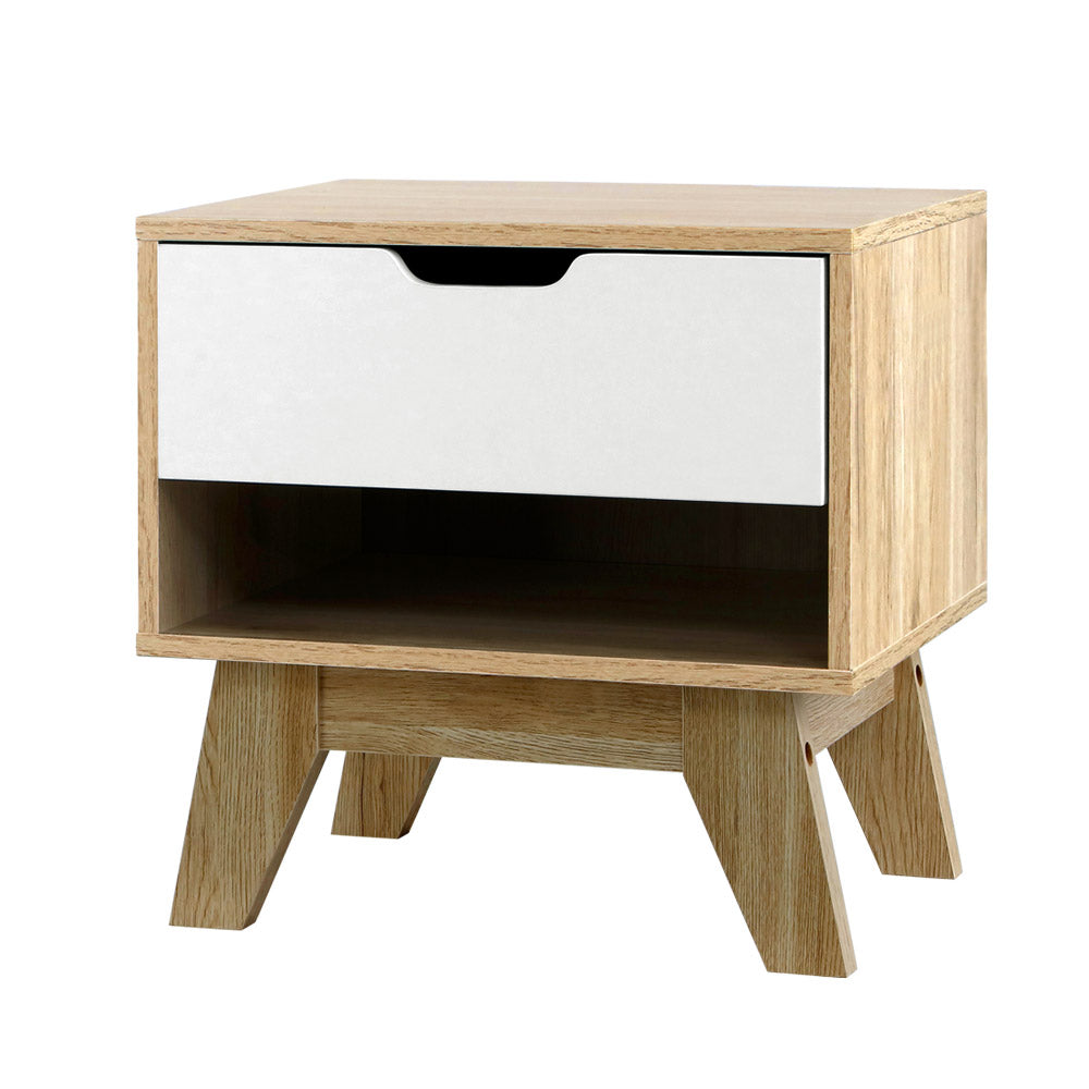 Bedside Tables: Artiss Bedside Table 1 Drawer with Shelf - IKER White & Oak