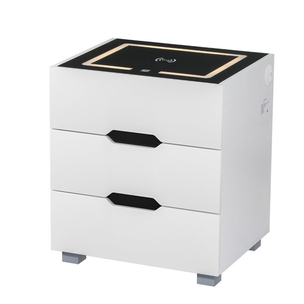 Bedside Tables: Artiss Smart Bedside Table 3 Drawers with Wireless Charging Ports LED White ADAD
