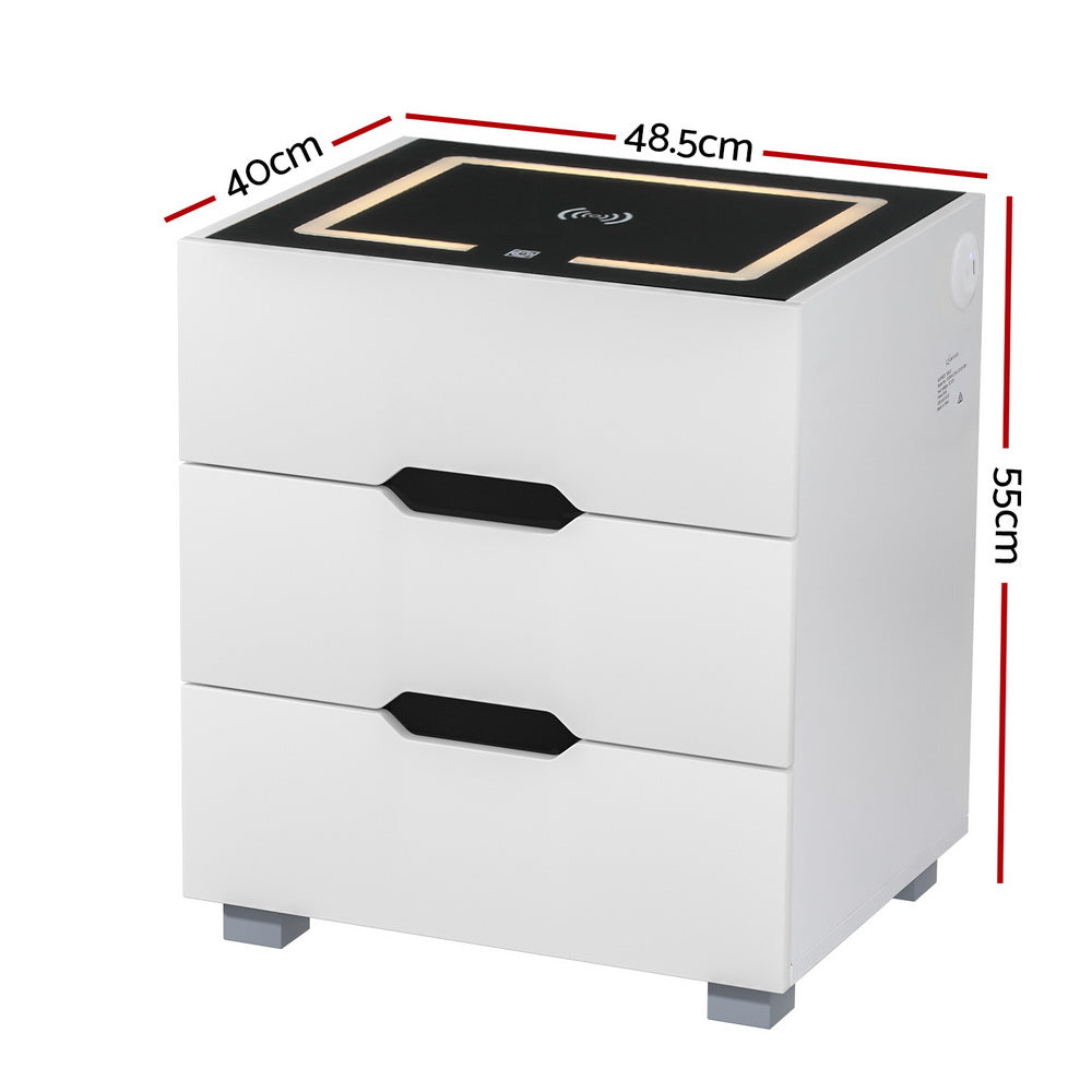 Bedside Tables: Artiss Smart Bedside Table 3 Drawers with Wireless Charging Ports LED White ADAD