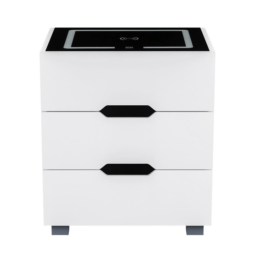 Bedside Tables: Artiss Smart Bedside Table 3 Drawers with Wireless Charging Ports LED White ADAD