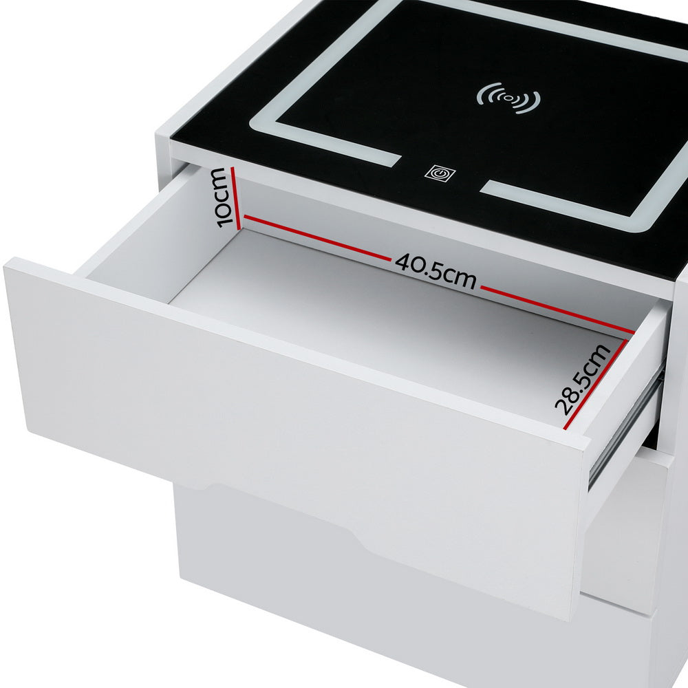 Bedside Tables: Artiss Smart Bedside Table 3 Drawers with Wireless Charging Ports LED White ADAD