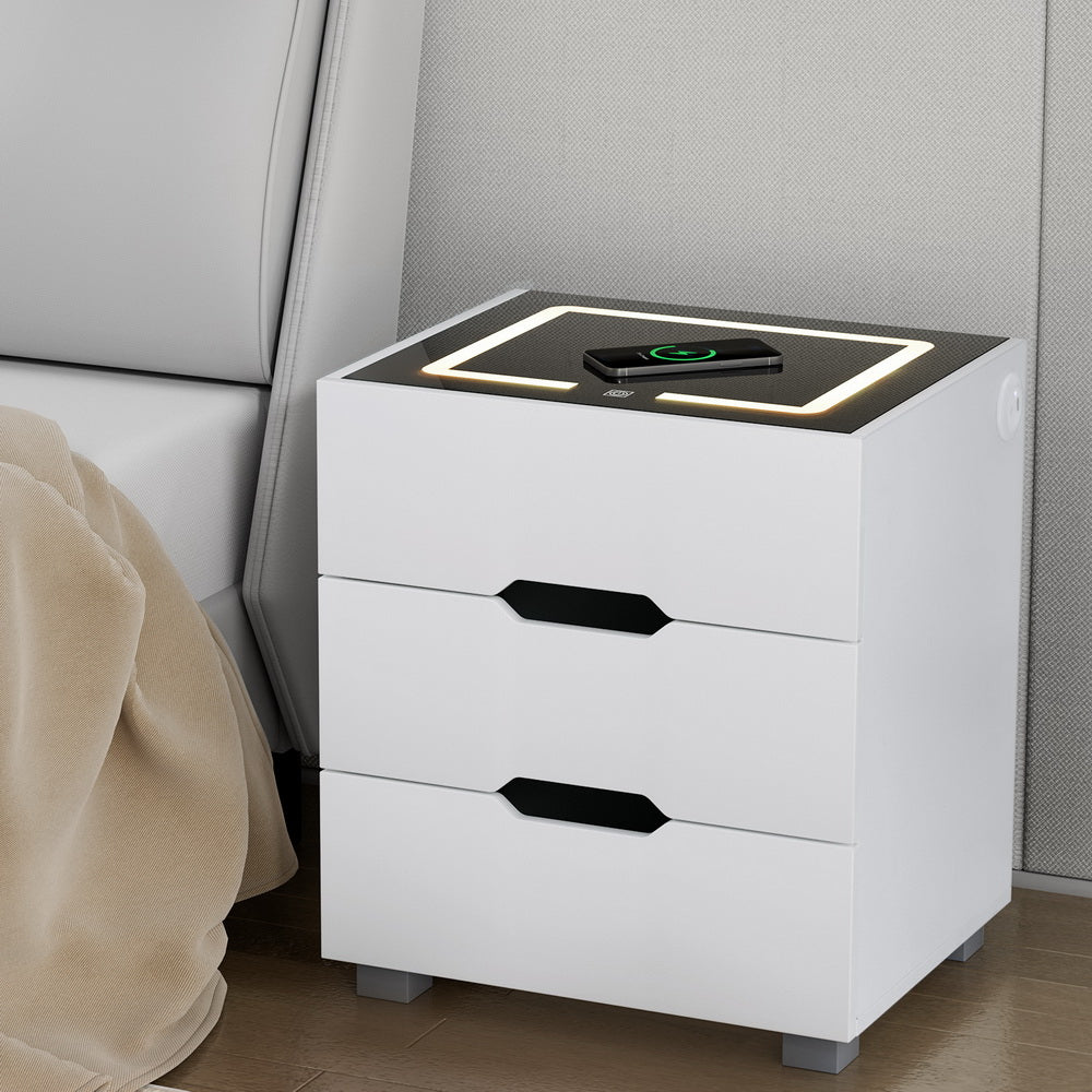 Bedside Tables: Artiss Smart Bedside Table 3 Drawers with Wireless Charging Ports LED White ADAD