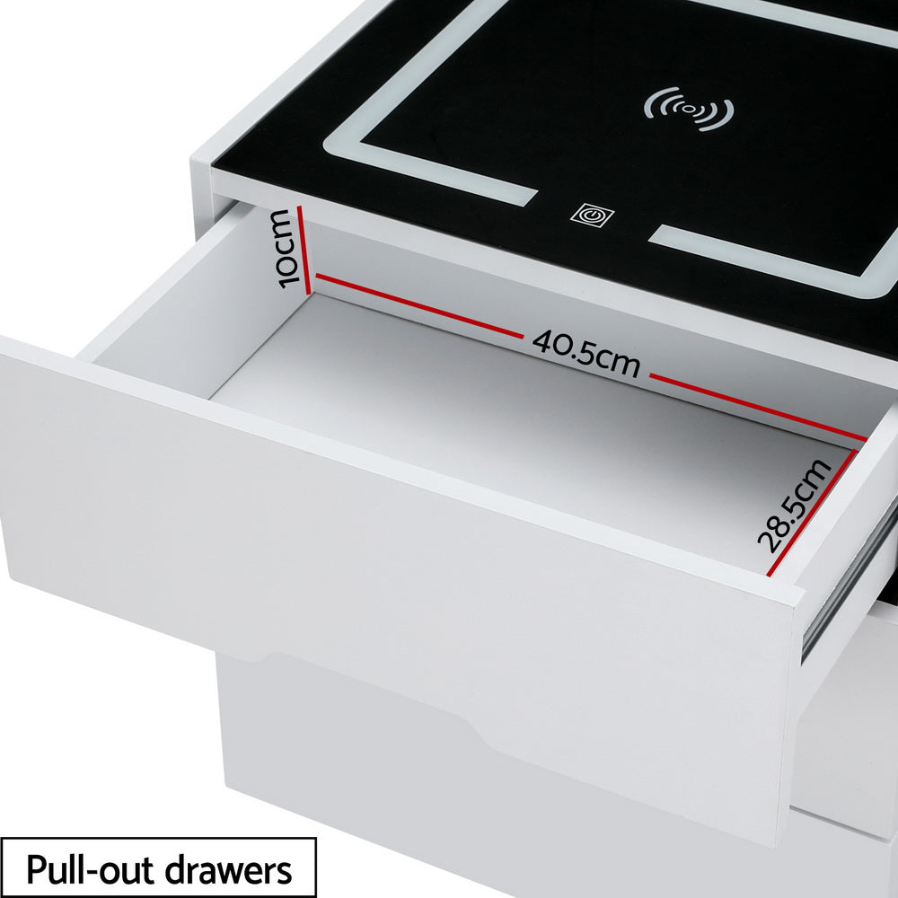 Bedside Tables: Artiss Smart Bedside Table 3 Drawers with Wireless Charging Ports LED White ADAD