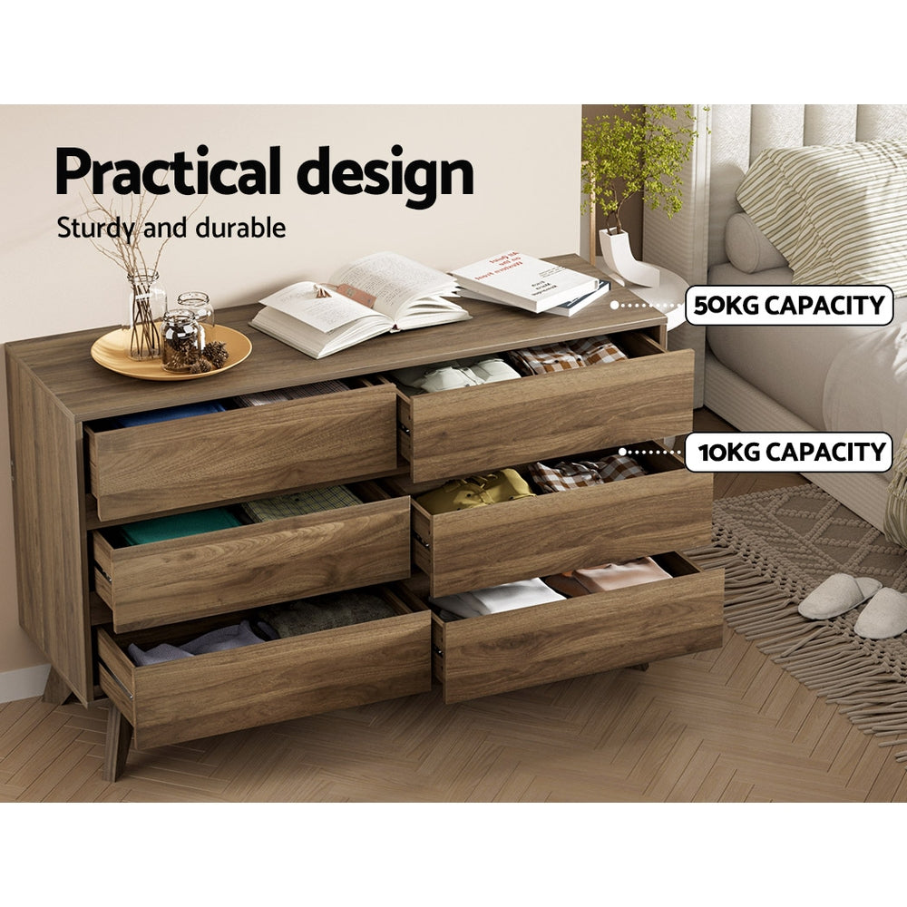 Clothing & Wardrobe Storage: Artiss 6 Chest of Drawers - XAVI Walnut