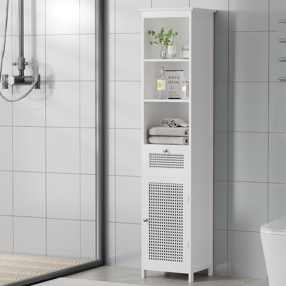Bathroom Cabinets, Cupboards & Storage: Artiss Bathroom Cabinet Storage 161cm White Rattan Tallboy Toilet Cupboard