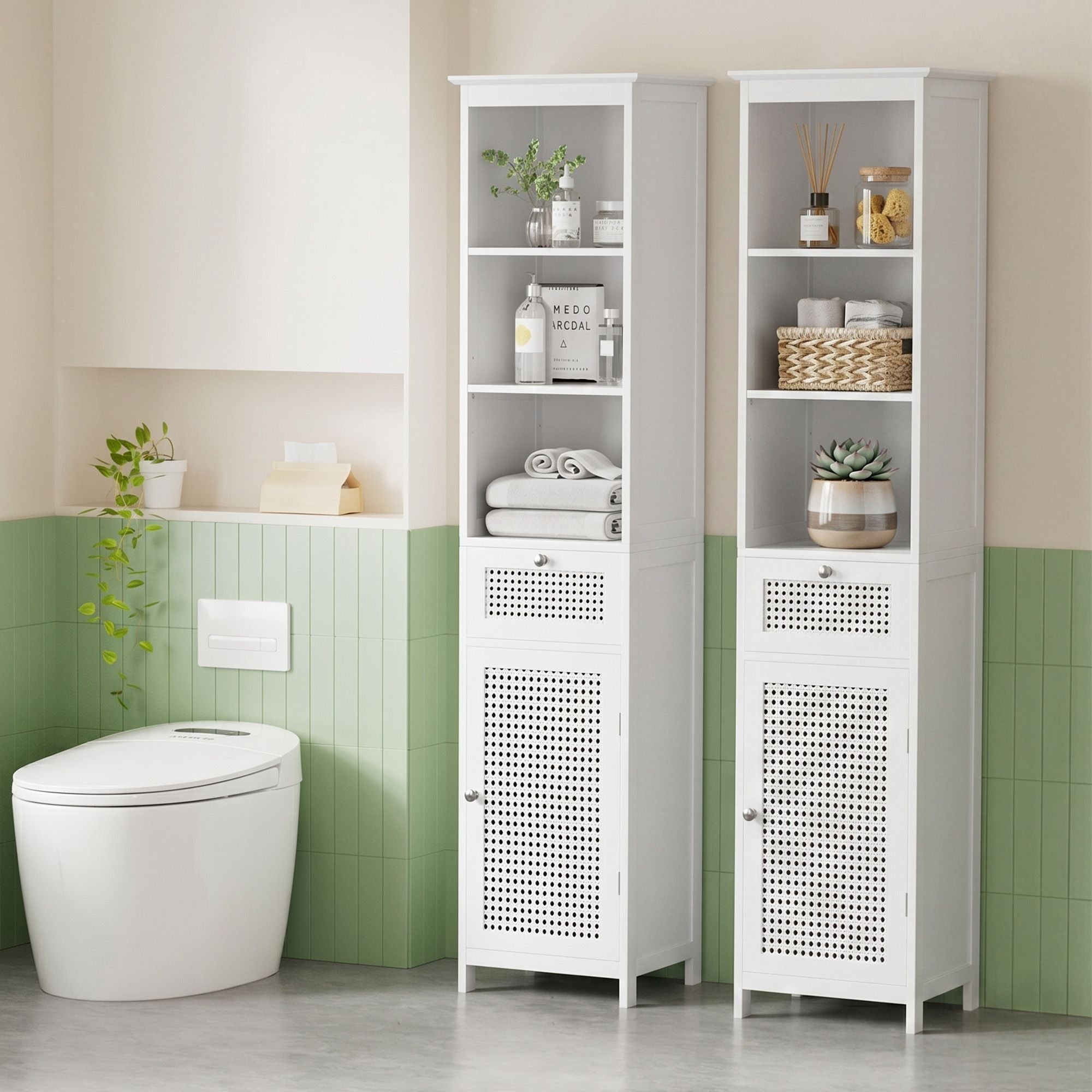 Artiss Bathroom Cabinet Storage X2 White Rattan 161cm