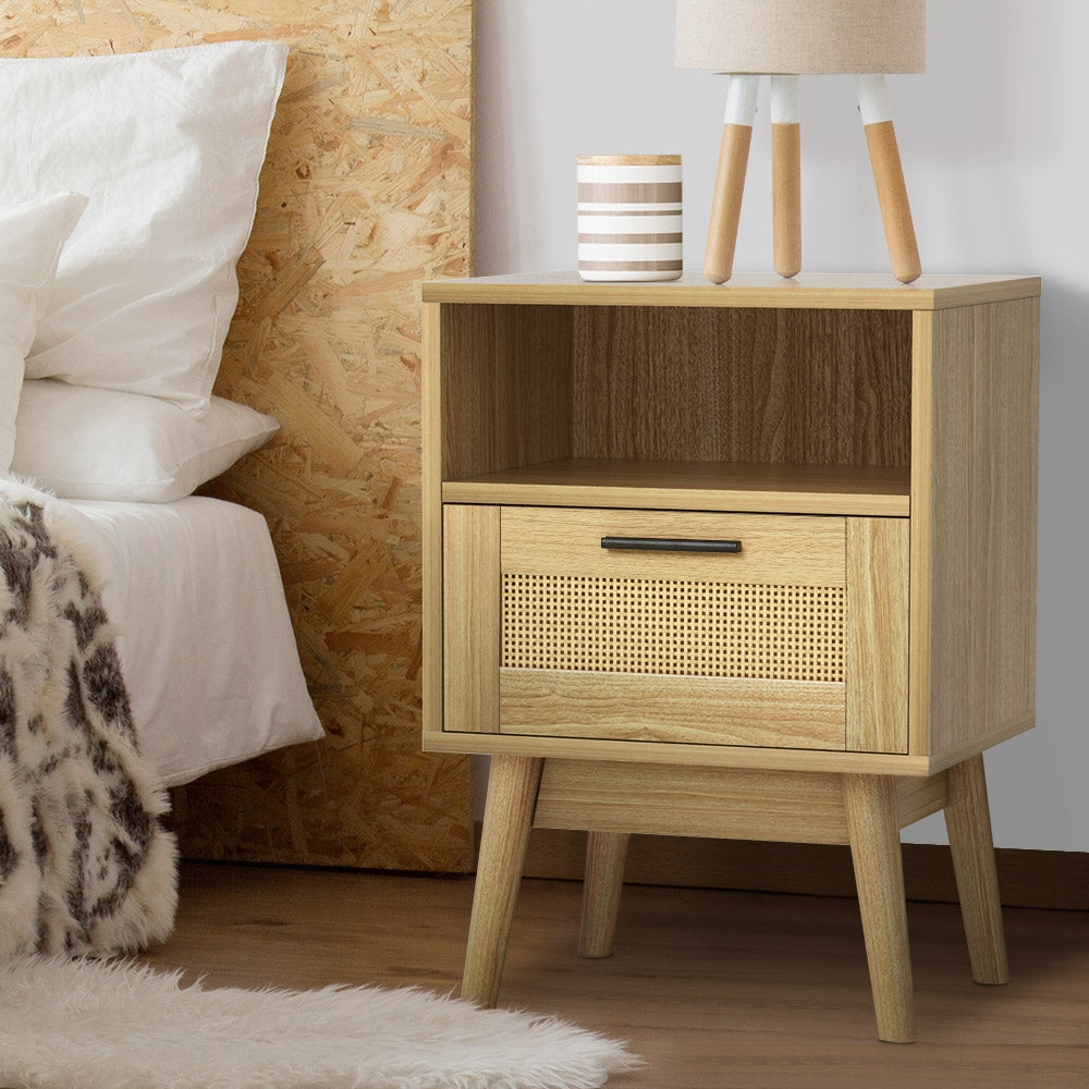 Bedside Tables: Artiss Rattan Bedside Table 1 Drawer with Shelf - REI Oak