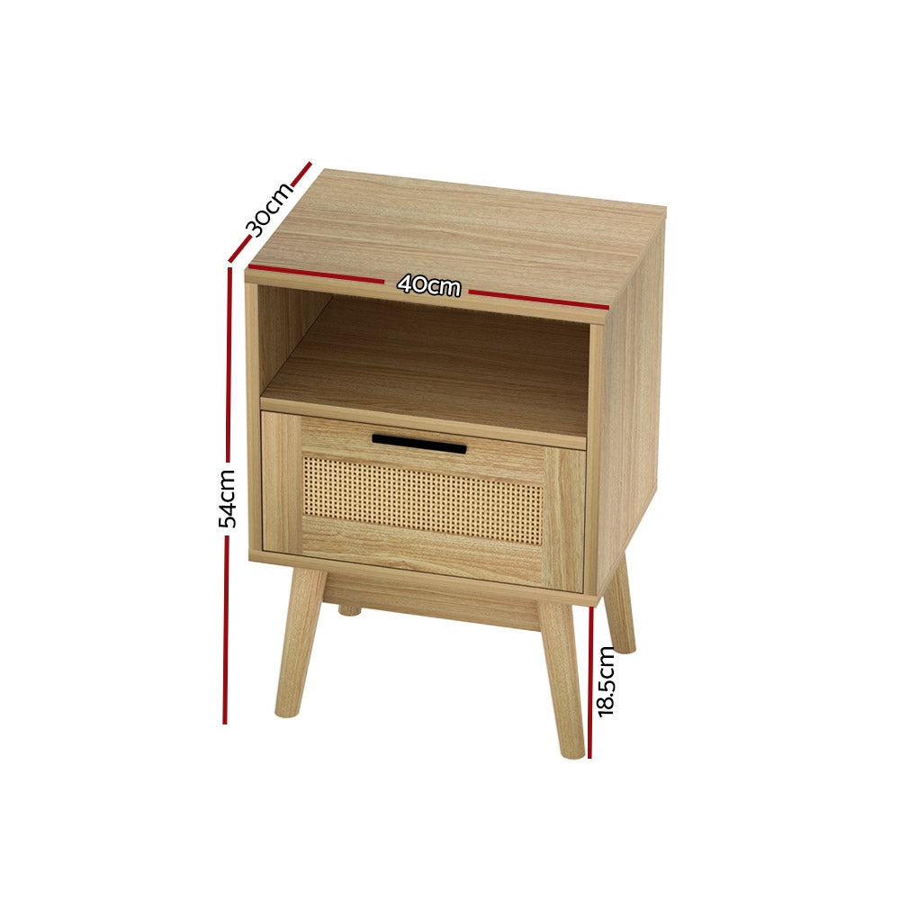 Bedside Tables: Artiss Rattan Bedside Table 1 Drawer with Shelf - REI Oak