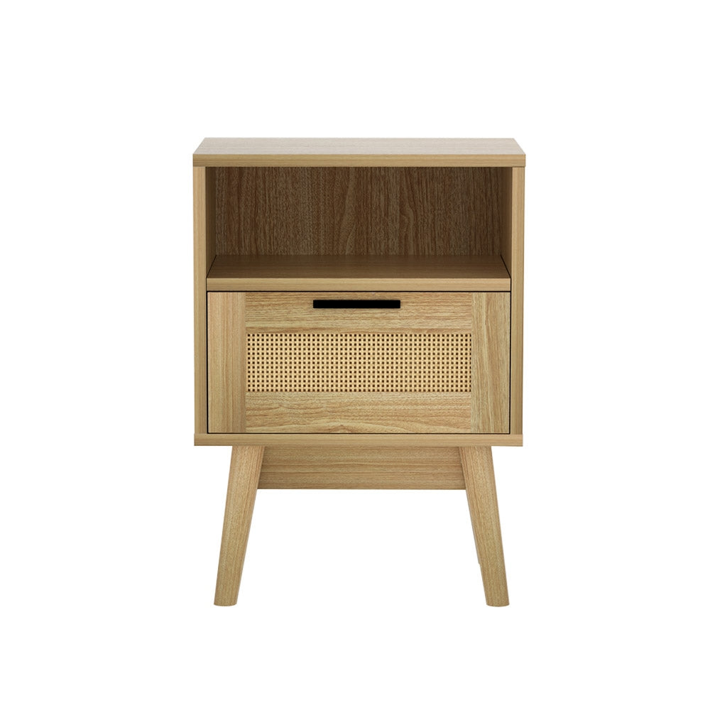 Bedside Tables: Artiss Rattan Bedside Table 1 Drawer with Shelf - REI Oak