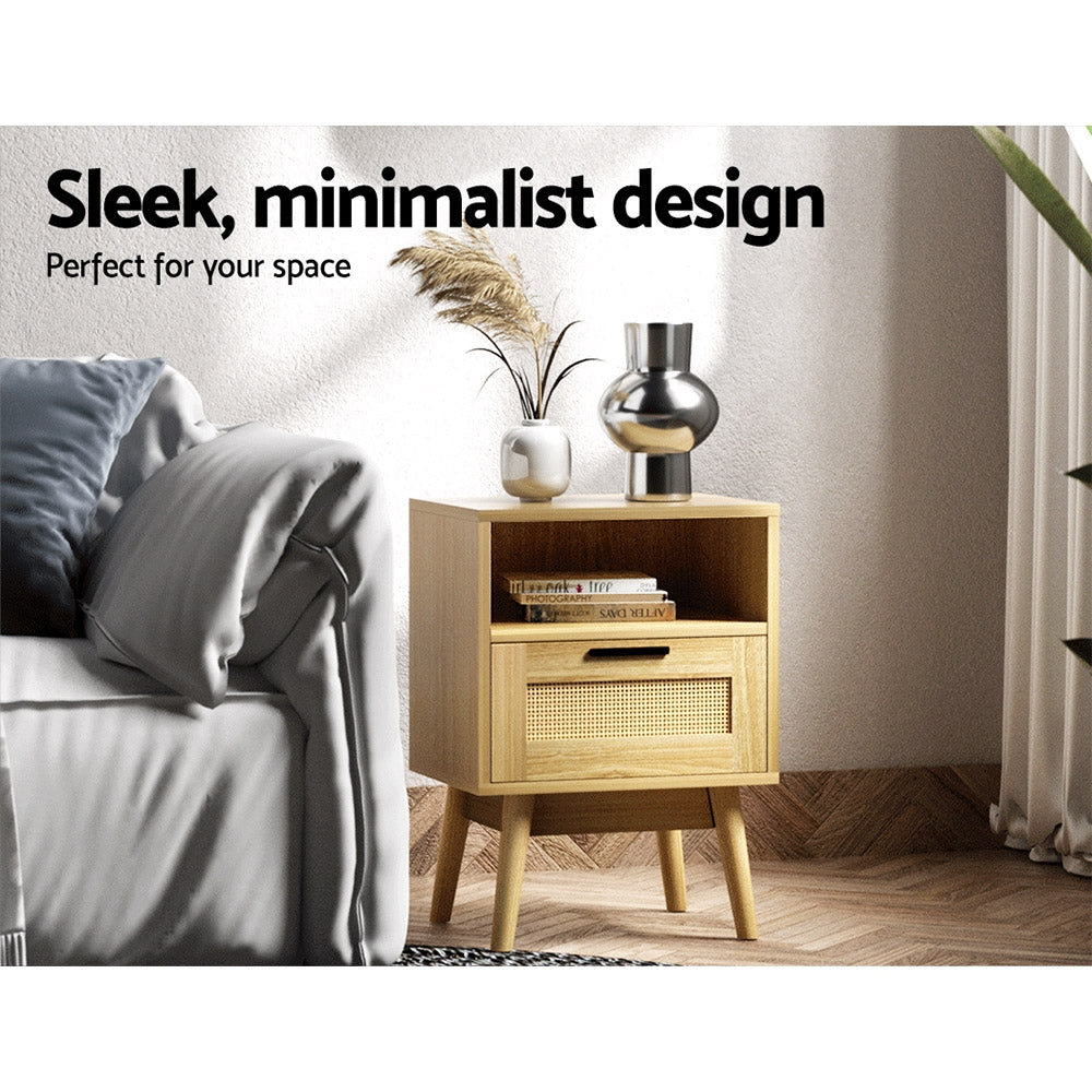 Bedside Tables: Artiss Rattan Bedside Table 1 Drawer with Shelf - REI Oak