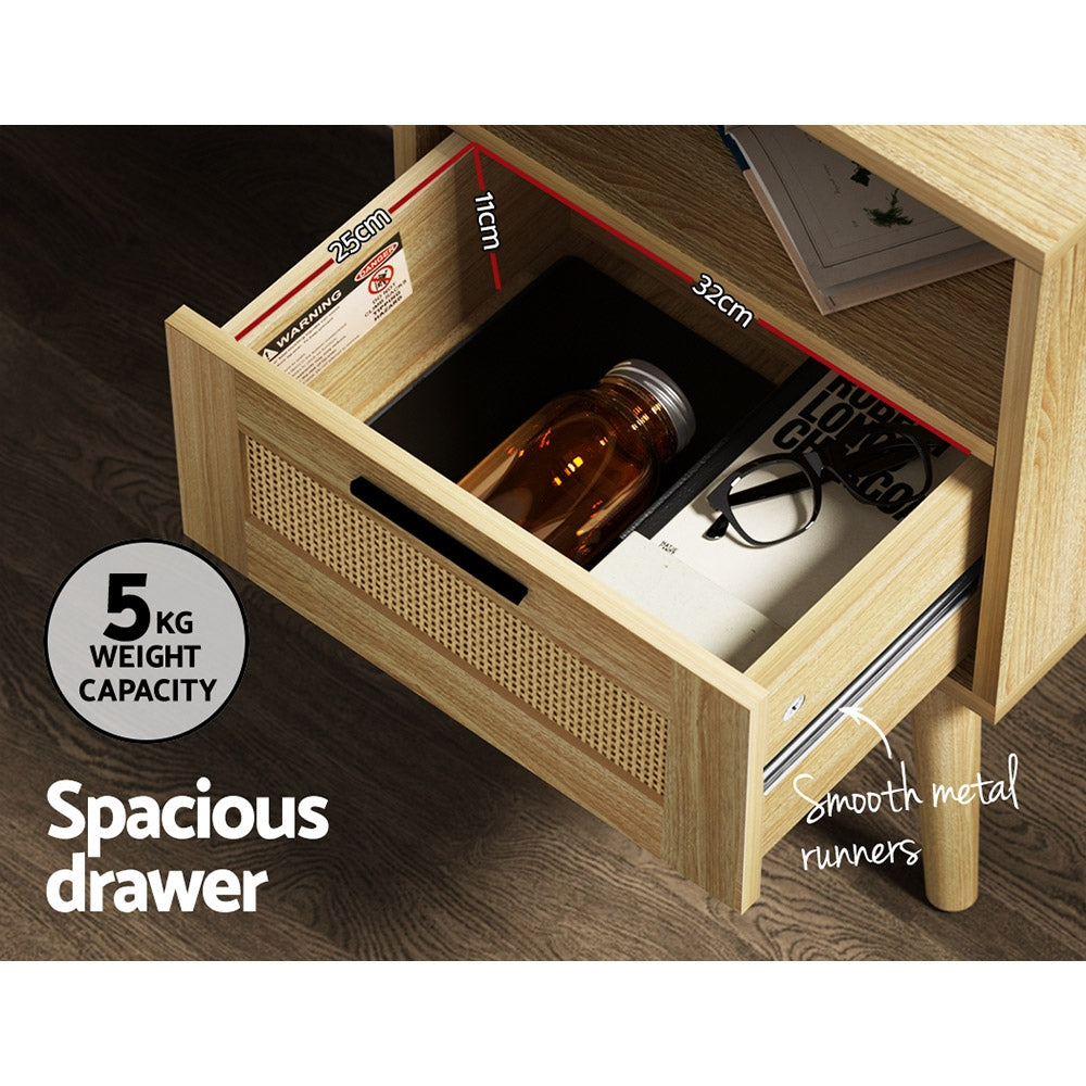 Bedside Tables: Artiss Rattan Bedside Table 1 Drawer with Shelf - REI Oak