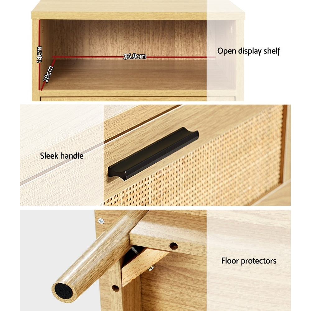 Bedside Tables: Artiss Rattan Bedside Table 1 Drawer with Shelf - REI Oak