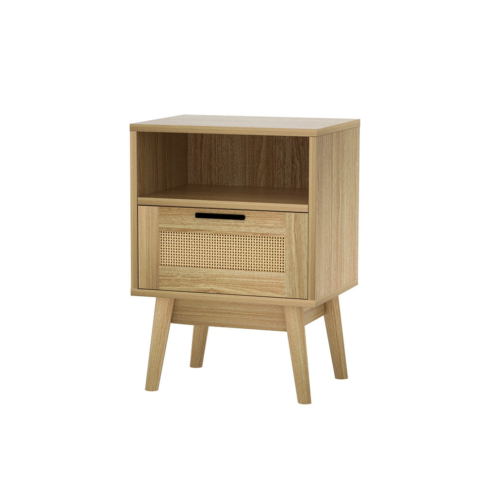 Bedside Tables: Artiss Rattan Bedside Table 1 Drawer with Shelf - REI Oak