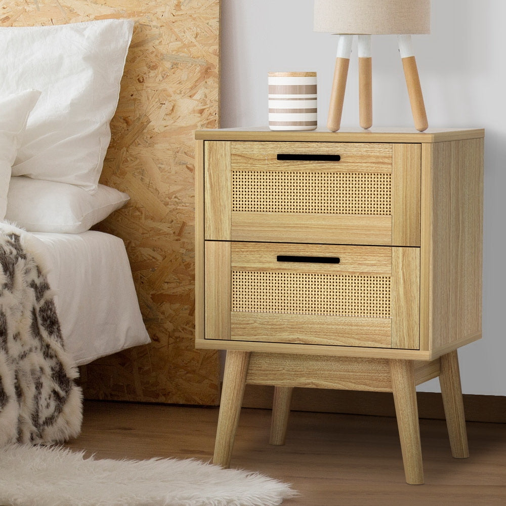 Bedside Tables: Artiss Rattan Bedside Table 2 Drawers Wood - RIE Oak