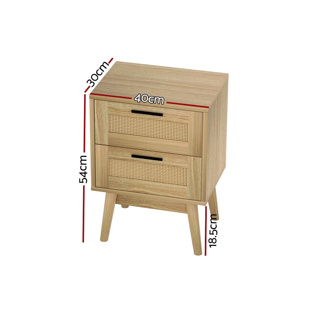 Bedside Tables: Artiss Rattan Bedside Table 2 Drawers Wood - RIE Oak