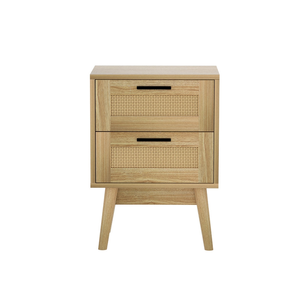 Bedside Tables: Artiss Rattan Bedside Table 2 Drawers Wood - RIE Oak