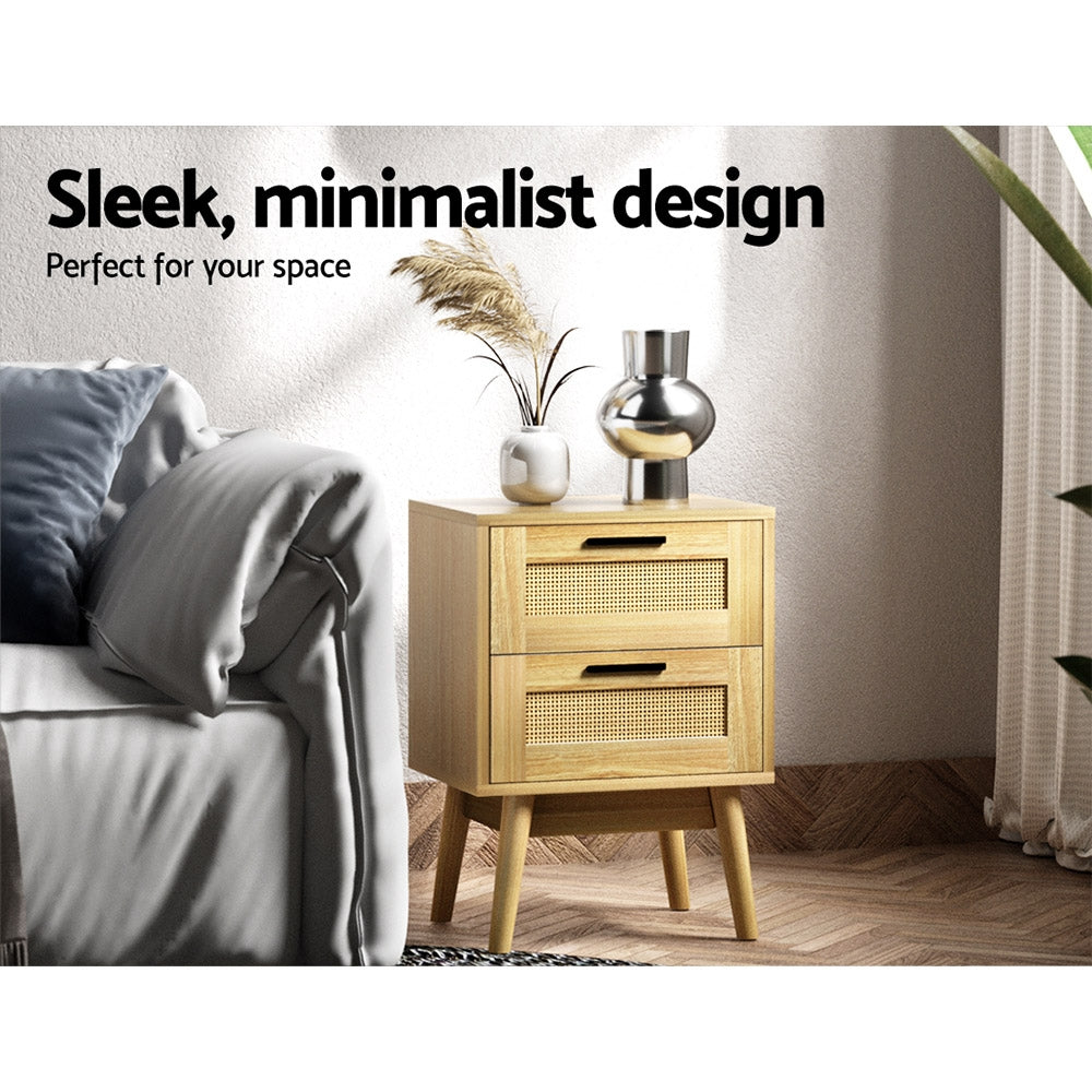 Bedside Tables: Artiss Rattan Bedside Table 2 Drawers Wood - RIE Oak