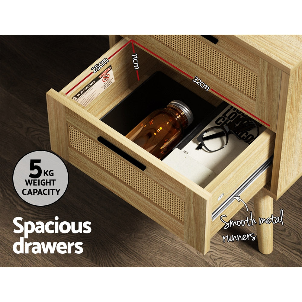 Bedside Tables: Artiss Rattan Bedside Table 2 Drawers Wood - RIE Oak
