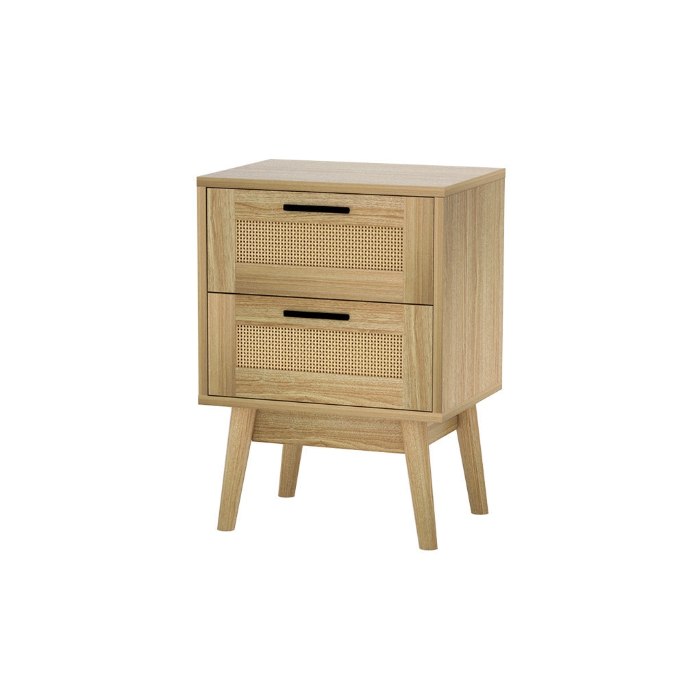 Bedside Tables: Artiss Rattan Bedside Table 2 Drawers Wood - RIE Oak