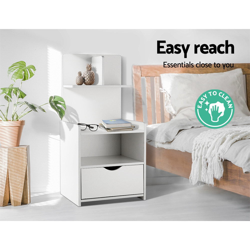 Bedside Tables: Artiss Bedside Table 1 Drawer with Shelves - EVERMORE White