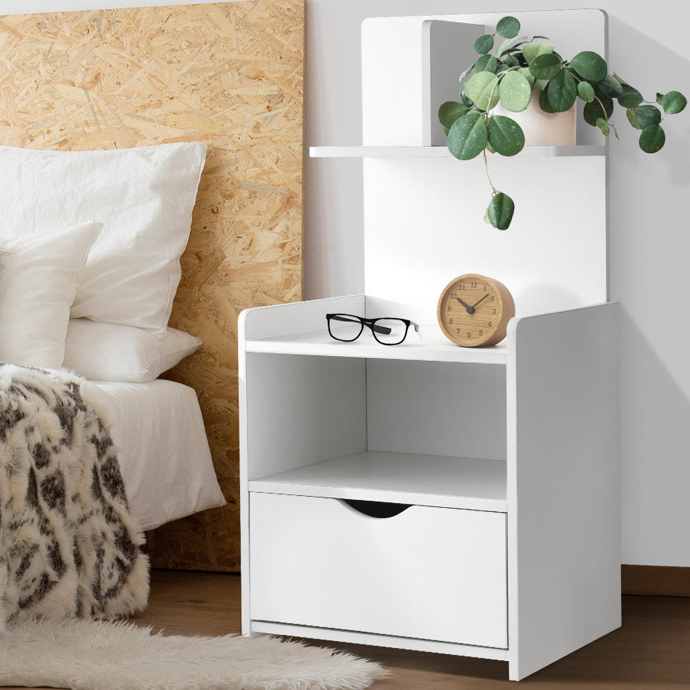Bedside Tables: Artiss Bedside Table 1 Drawer with Shelves - EVERMORE White