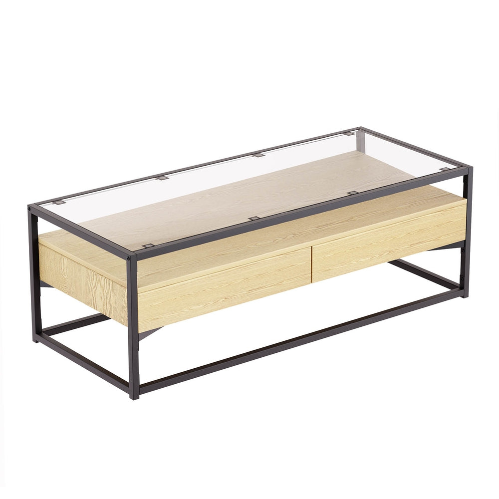 Coffee Tables: Artiss Coffee Table 2 Drawers Glass Tabletop Pine