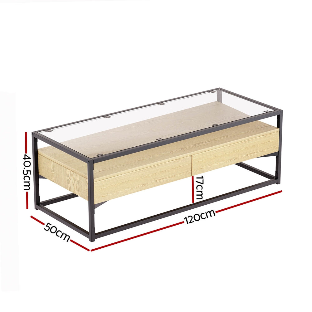 Coffee Tables: Artiss Coffee Table 2 Drawers Glass Tabletop Pine