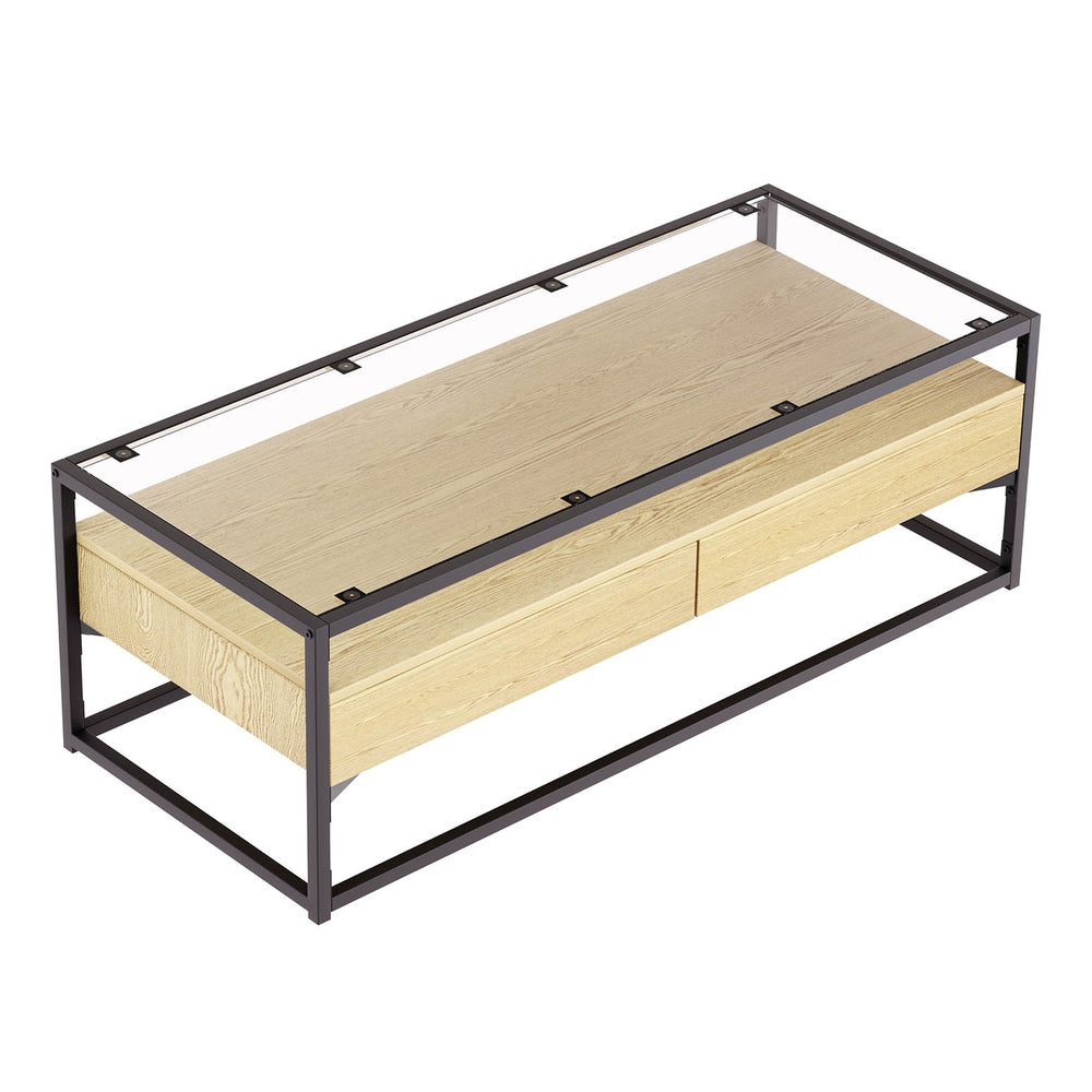 Coffee Tables: Artiss Coffee Table 2 Drawers Glass Tabletop Pine