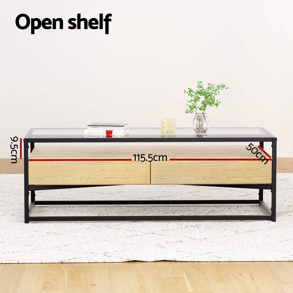 Coffee Tables: Artiss Coffee Table 2 Drawers Glass Tabletop Pine