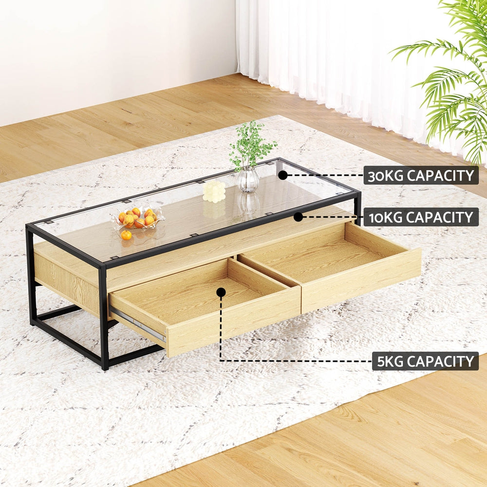 Coffee Tables: Artiss Coffee Table 2 Drawers Glass Tabletop Pine