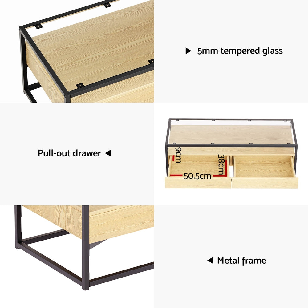 Coffee Tables: Artiss Coffee Table 2 Drawers Glass Tabletop Pine