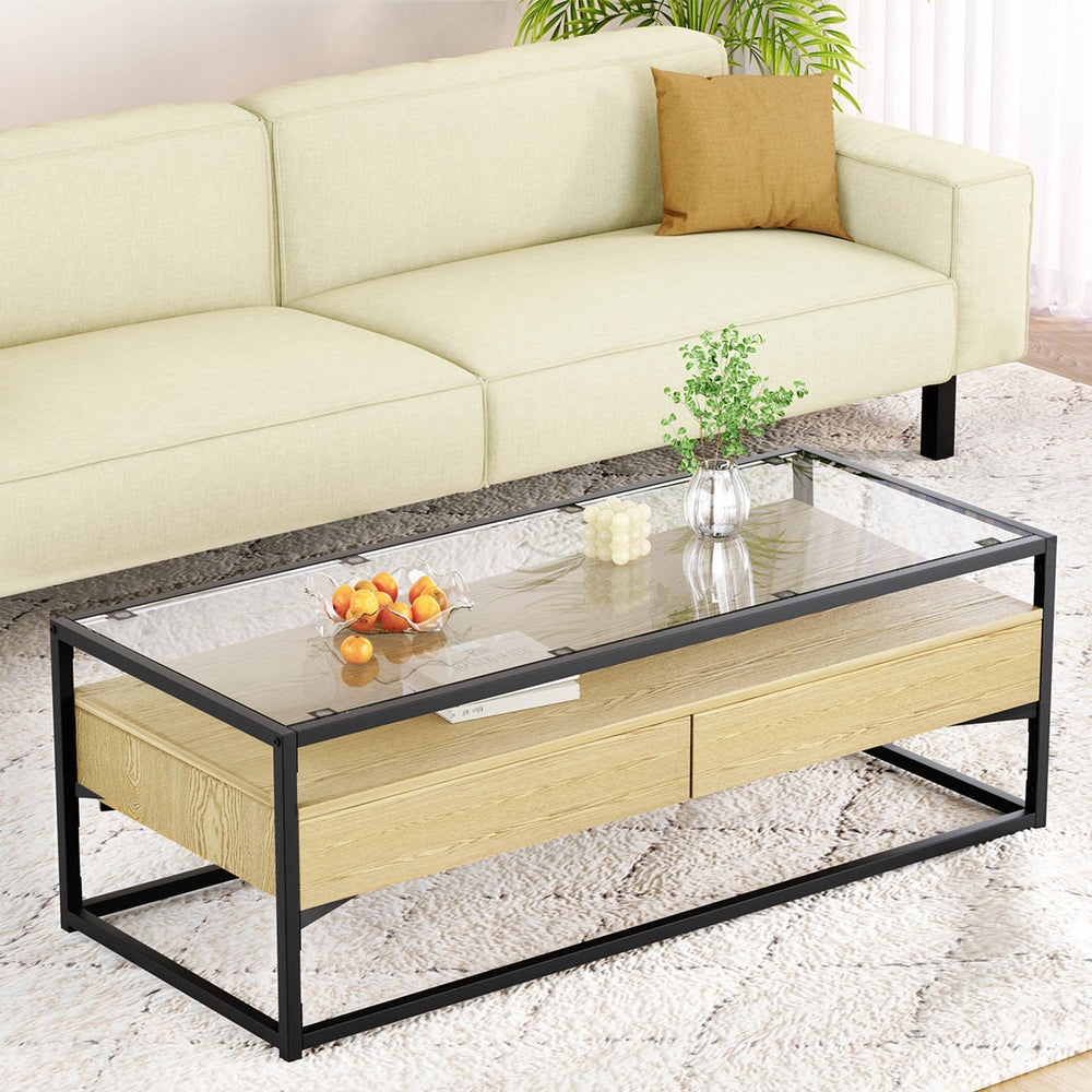 Coffee Tables: Artiss Coffee Table 2 Drawers Glass Tabletop Pine