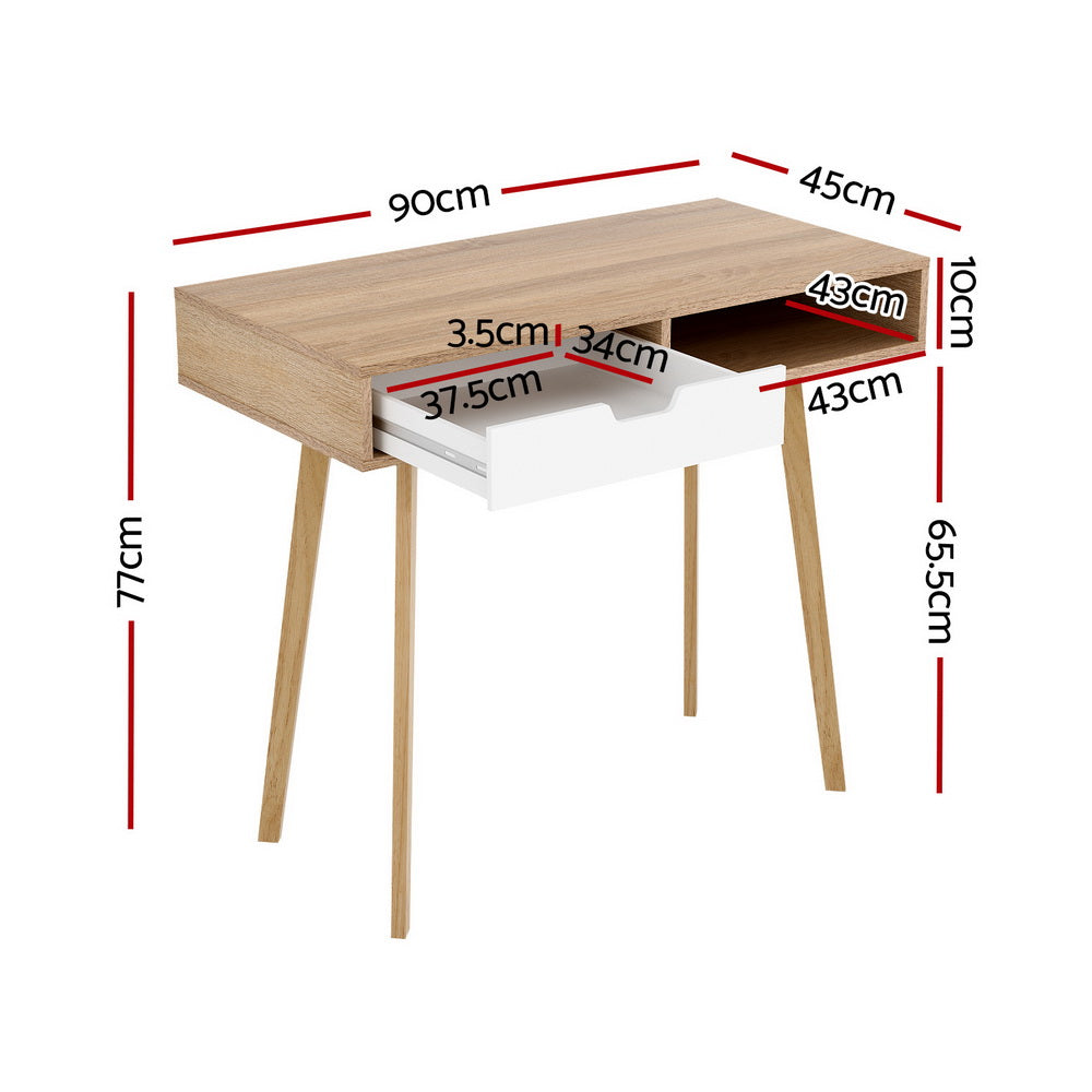 Desks: Artiss Computer Desk Drawer Cabinet Shelf Oak 90CM