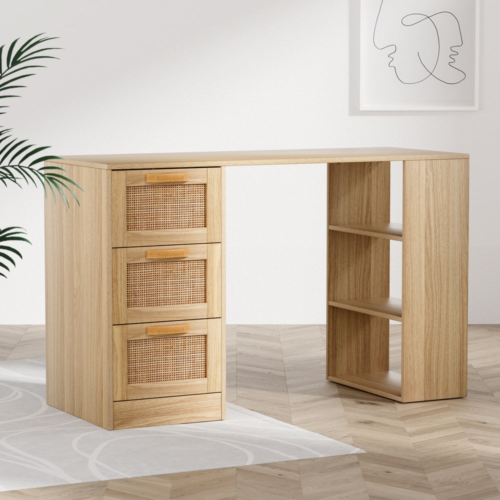 Desks: Artiss Computer Desk Drawer Shelf Home Office Study Table Rattan Oak 120CM