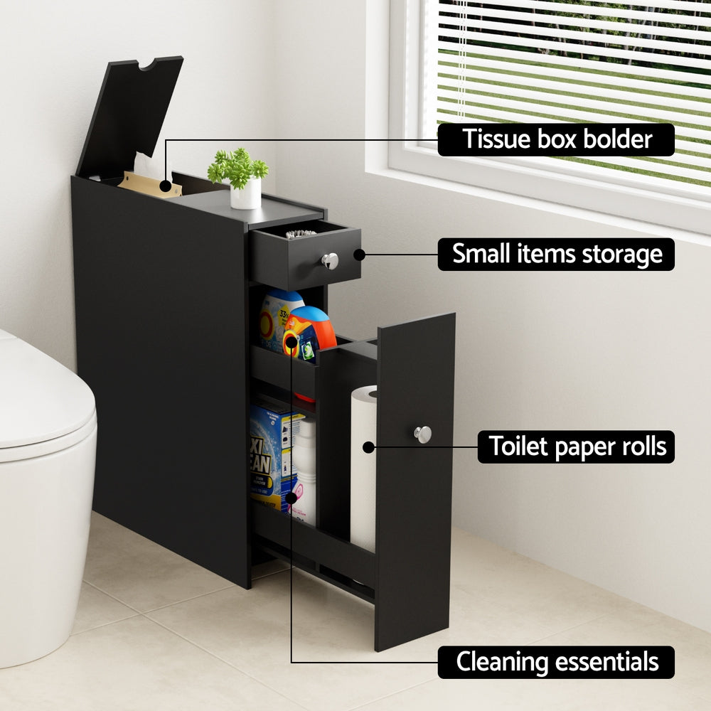 Bathroom Cabinets, Cupboards & Storage: Artiss Bathroom Storage Cabinet Toilet Slim Tissue Box Caddy Holder Side Wooden Black