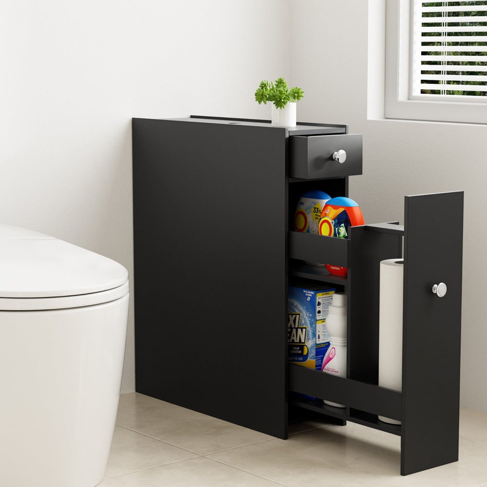 Bathroom Cabinets, Cupboards & Storage: Artiss Bathroom Storage Cabinet Toilet Slim Tissue Box Caddy Holder Side Wooden Black