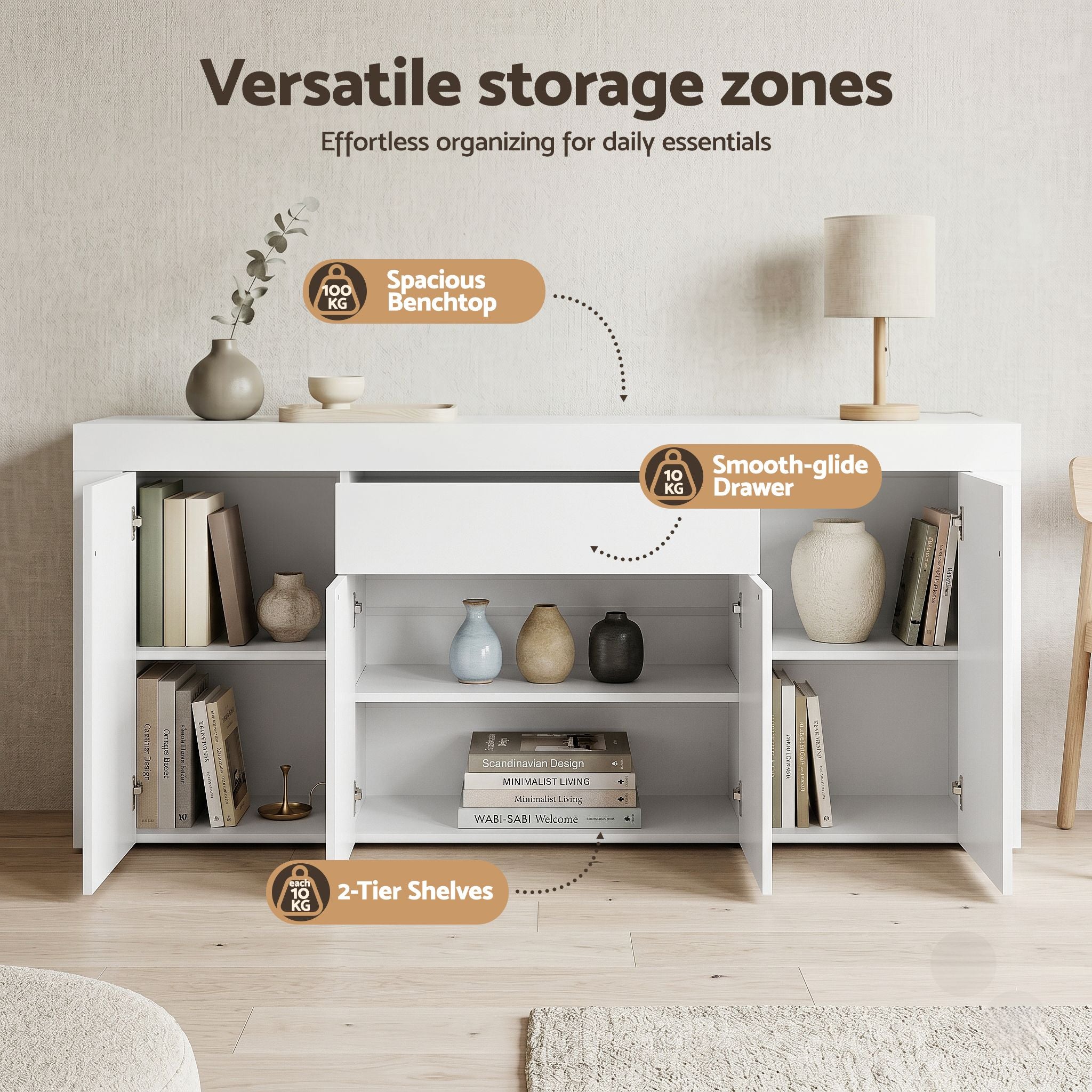 Artiss Buffet Sideboard Cabinet 180cm Cupboard Pantry Storage Drawer White DANA