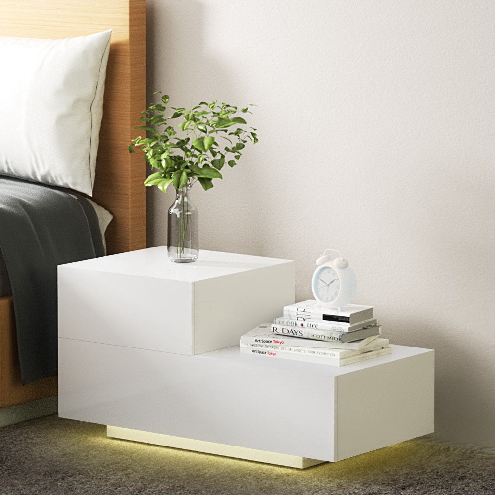 Bedside Tables: Artiss Bedside Tables LED 2 Drawers - REMI White