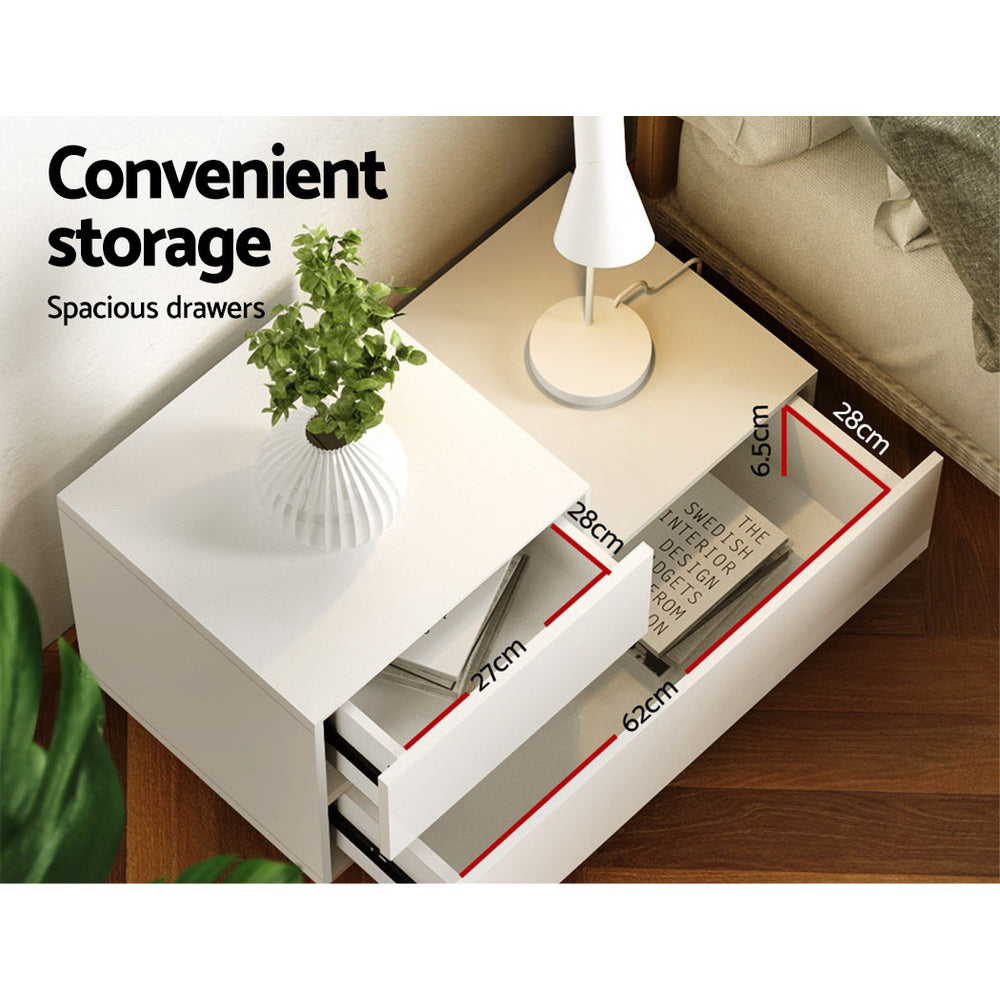 Bedside Tables: Artiss Bedside Tables LED 2 Drawers - REMI White