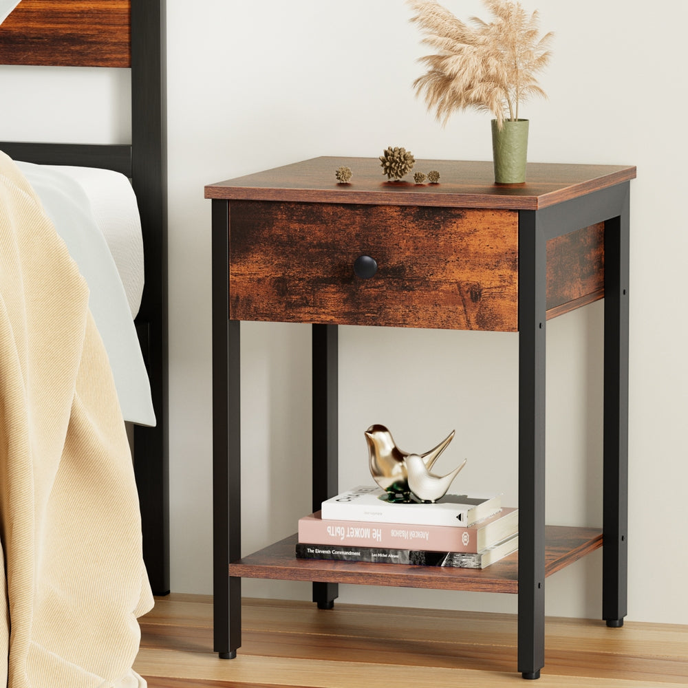 Artiss Bedside Table Nightstand 1 Drawer Shelves Walnut