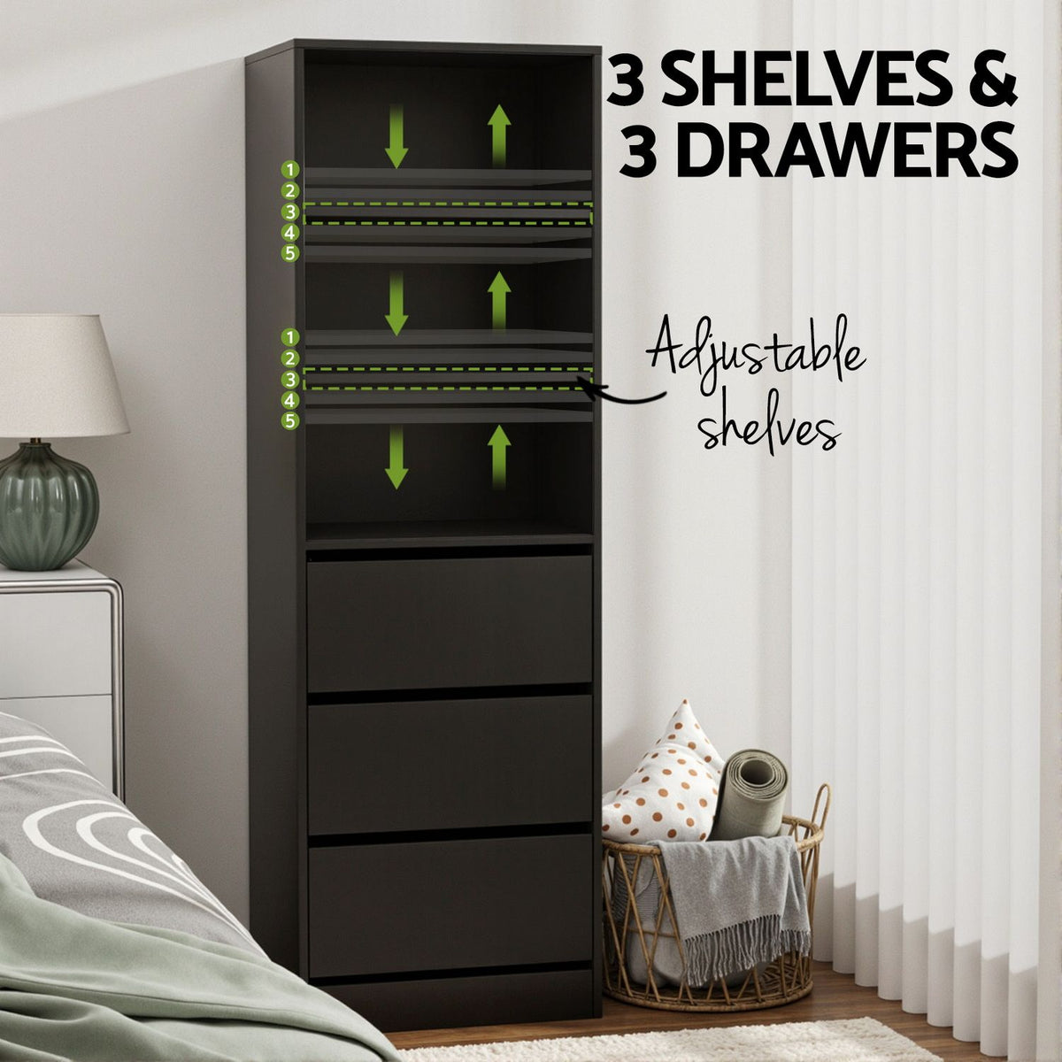 Artiss 2x Chest of 3 Drawers Tallboy Cabinet Black