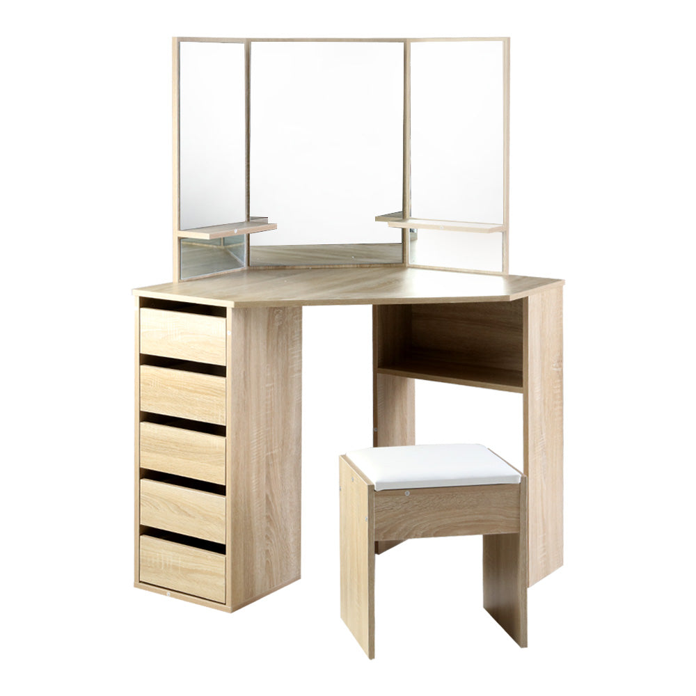 Dressing Vanity & Dressing Tables: Artiss Dressing Table Stool Set Corner 5 Drawers Oak